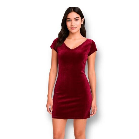 Shein Small Red Velvet Bodycon Mini Dress V-Neck Short Sleeve Party Whimsigoth - Picture 1 of 9